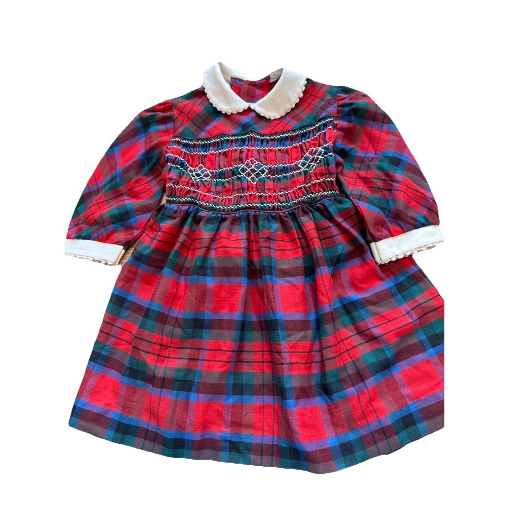 Vintage Polly Flinders Smocked Dress‎ Girls 4 Red Blue Tartan Plaid Collared